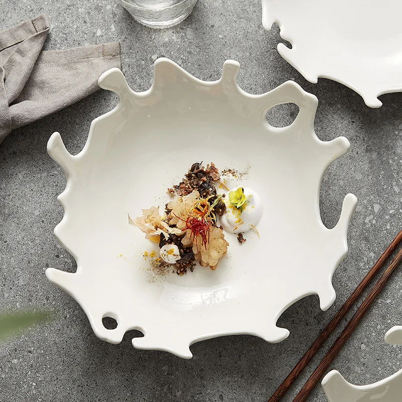 Creative Design Coral Edge White Ceramic Dishes Plates Fruit Salad Bowl for Restaurant Irregular Tableware