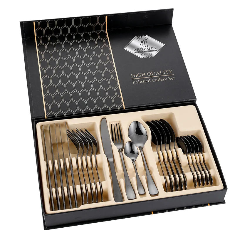 Luxury 24pcs Golden Stainless Steel Cutlery Set Modern Design Sustainable Wedding Flatware and Tableware