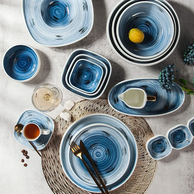 Синий градиентный круг с черными точками, круглая керамическая тарелка, декоративная посуда, посуда, высокое качество, оптовая продажа, тарелка со звездным небом