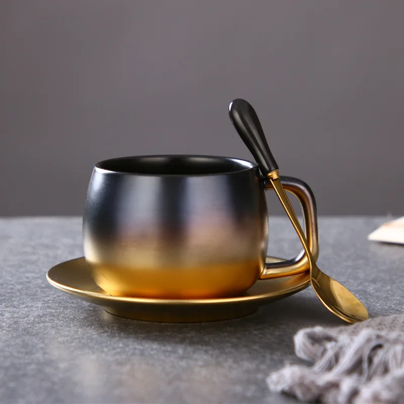 New Simple Creative Ceramic Cup and Saucer Light Luxury High Appearance Level Exquisite Black Gold Coffee Cup and Saucer Set
