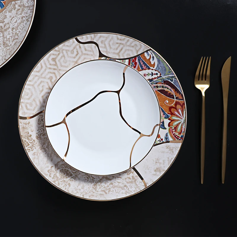 Китайские обеденные тарелки из костяного фарфора с золотой оправой, столовая посуда с золотыми наклейками, отель Гуанчжоу, Чаочжоу, поставщик керамики, тарелки из костяного фарфора