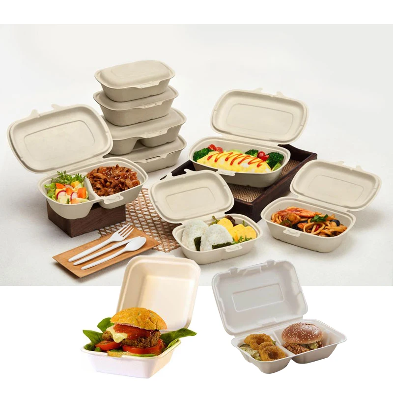 Новый дизайн, биоразлагаемый контейнер на вынос, на обед, бургер, еда, бургер, овальный контейнер для мякоти, две ячейки, коробка для жома сахарного тростника с крышкой