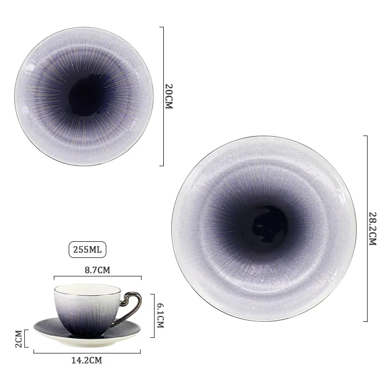 Оптовый производитель столовой посуды для отелей Фиолетовая столовая посуда Набор посуды из костяного фарфора в европейском стиле Тарелка из костяного фарфора