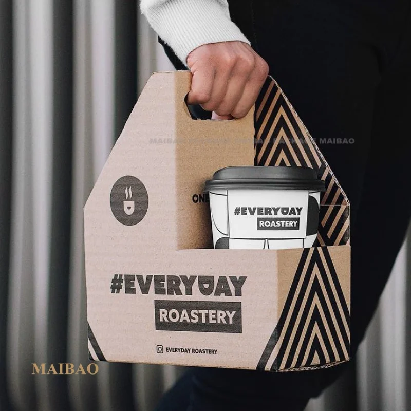 Одноразовый держатель для чашки из крафт-бумаги, лоток для упаковки на вынос для чашки чая с молоком, кофейные чашки