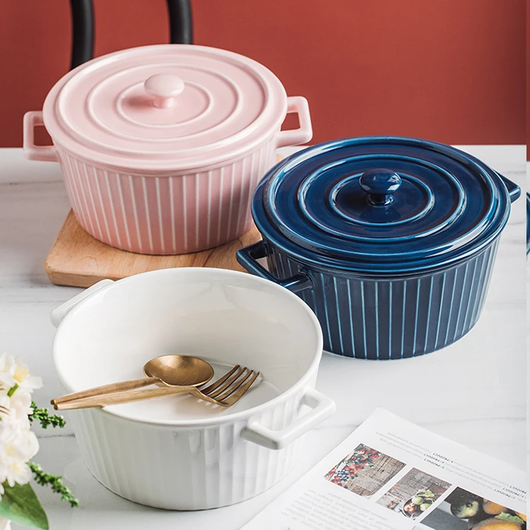 Оптовая продажа, фарфоровая миска, керамические сервировочные миски с крышкой, рисовый салат, лапша, макароны, миска для выпечки с ручками, набор столовой посуды