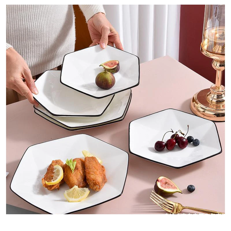 Nordic Style Hexagon Fruit Snack Plate Ceramic Dinner Restaurant  Catering Dinner Custom Dinner Plates