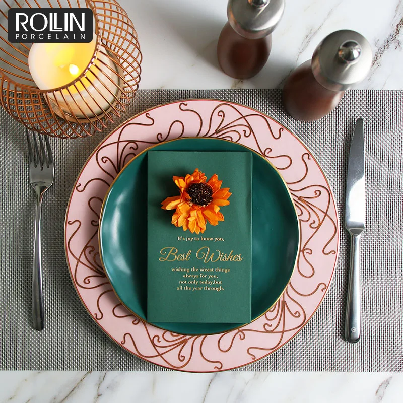 Роскошный набор столовой посуды, глазурованный темно-зеленый набор тарелок, набор обеденных столов оптом