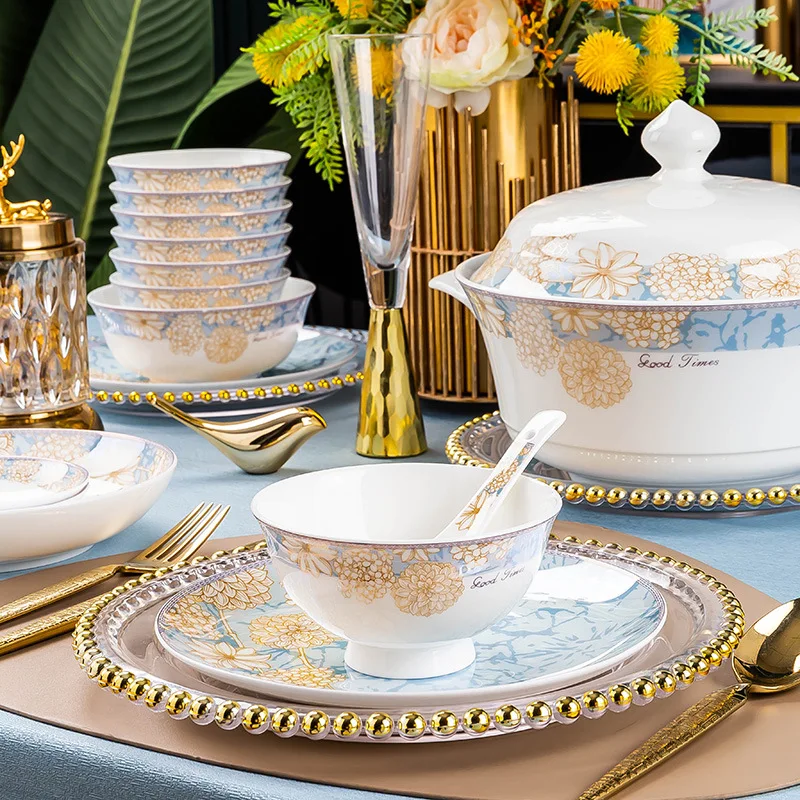 Household Tableware Plates&bowls Set Luxury Ceramic Dishes Bone China Dinnerware Gifts Wedding Party Dishes&plates  Sustainable