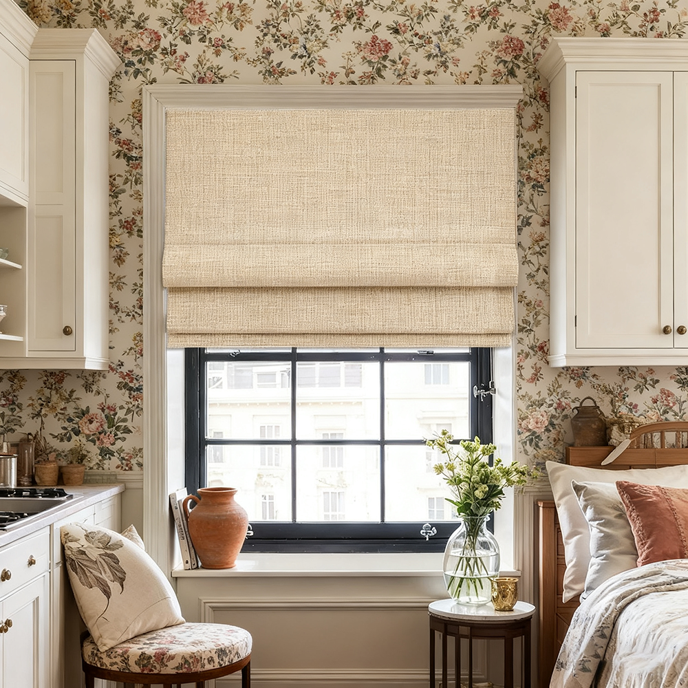 Elegant Customized Built-In Plain Roman Blinds Manual Blackout Shades with Linen Material Eco-Friendly for Bedroom