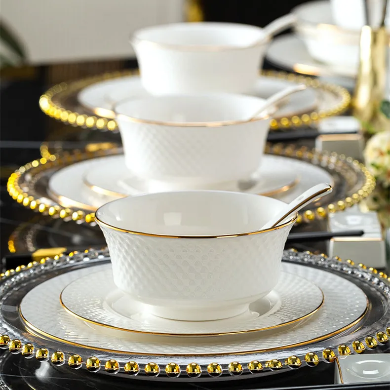 Embossed Porcelain Dinner Plates and Bowls Set Luxury White Ceramic Dishes Fine Bone China Dinnerware Set