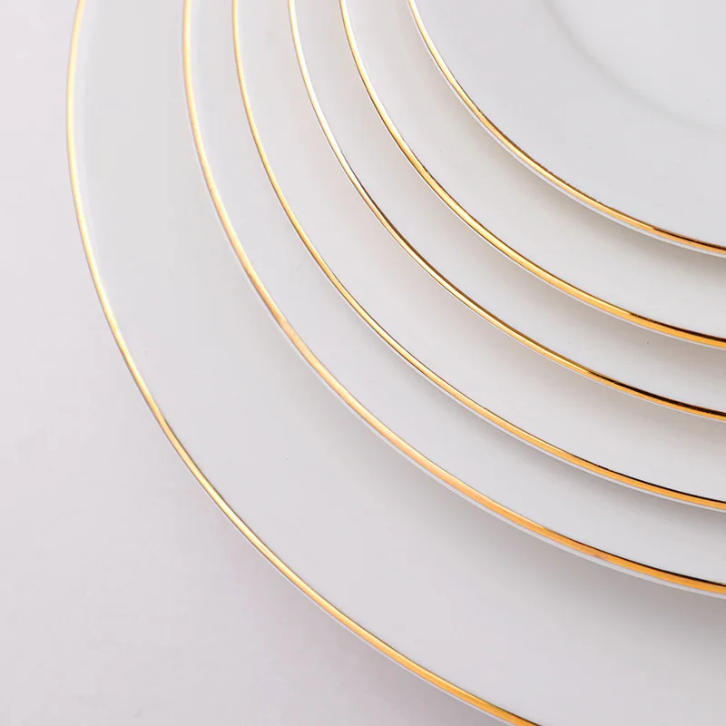 Customized White Ceramic Dinner Plates with Gold Edge Luxury Flatware Sets for Weddings Restaurants Porcelain Plate Tableware