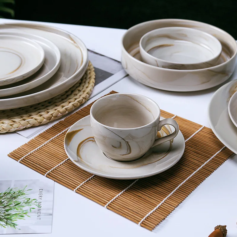 Marble Patterned Ceramic Dishes Colored Earth Tableware Hotel Home Steak Plates and Bowls Set Coffee Cup Dinnerware Sets Ceramic