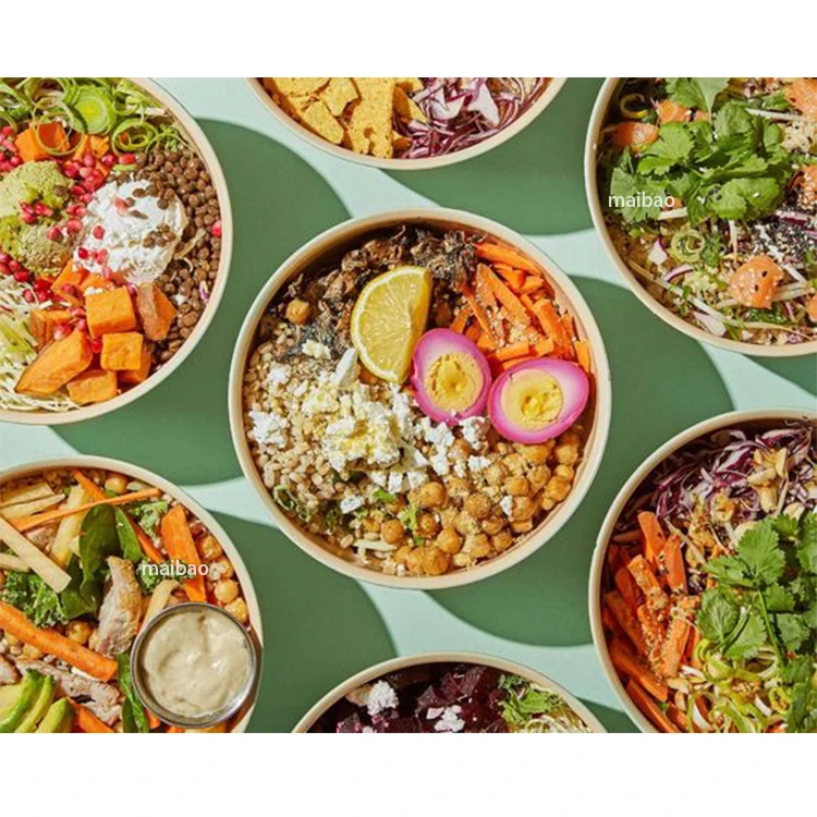 Одноразовая биоразлагаемая 750 мл салат салат из карафта на заказ на заказ салат с крышкой убрать рис горячей упаковкой бумажной чаши бумаги