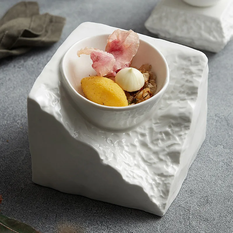 White Ceramic Bowl with Irregular Rock Pattern Eco-Friendly Hotel Dinner Soup Salad Dessert Cold Dish Unique Artistic Design