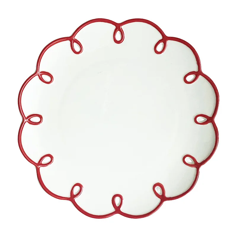 Red Wavy Lace Cartoon Ceramic Dishes Plates Suitable for Wedding Party and Restaurant Parties and Dessert Decorations