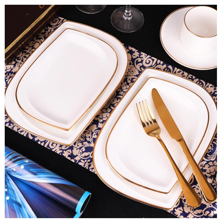 Bulk European Style Gold Rimmed  Ceramic Dish Fruit Dish Deep Wholesale Restaurant Square Dinner White Dinner Plates