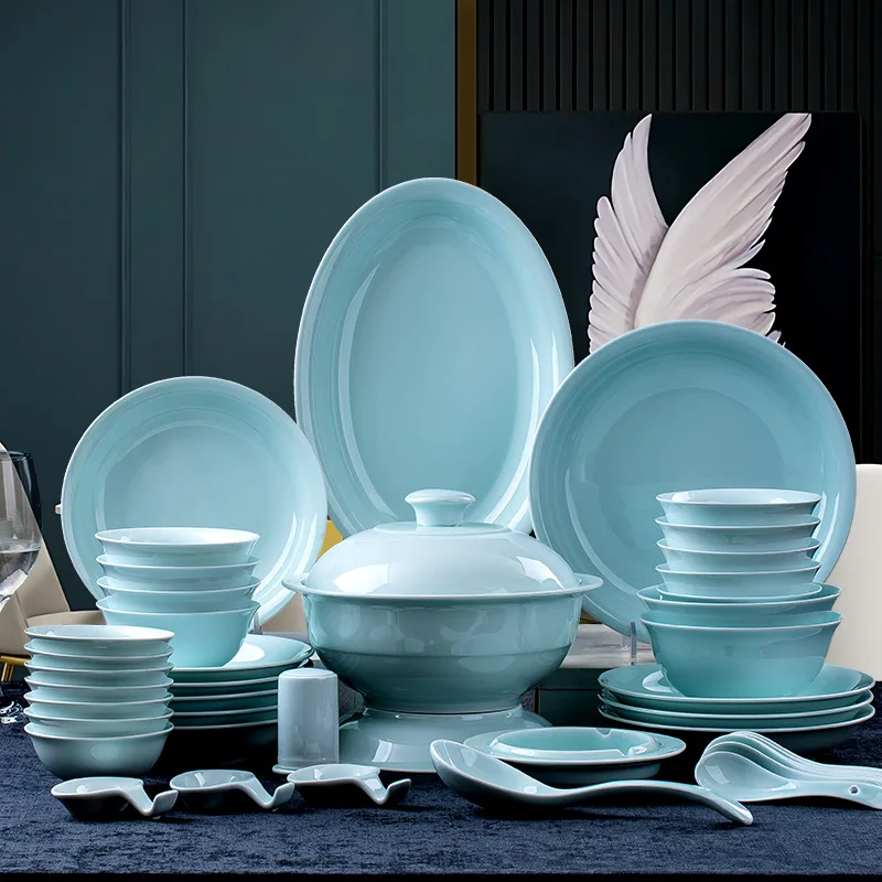 Luxury Ceramic Tableware Under Glazed Celadon Porcelain Dinner Set Green Dinnerware