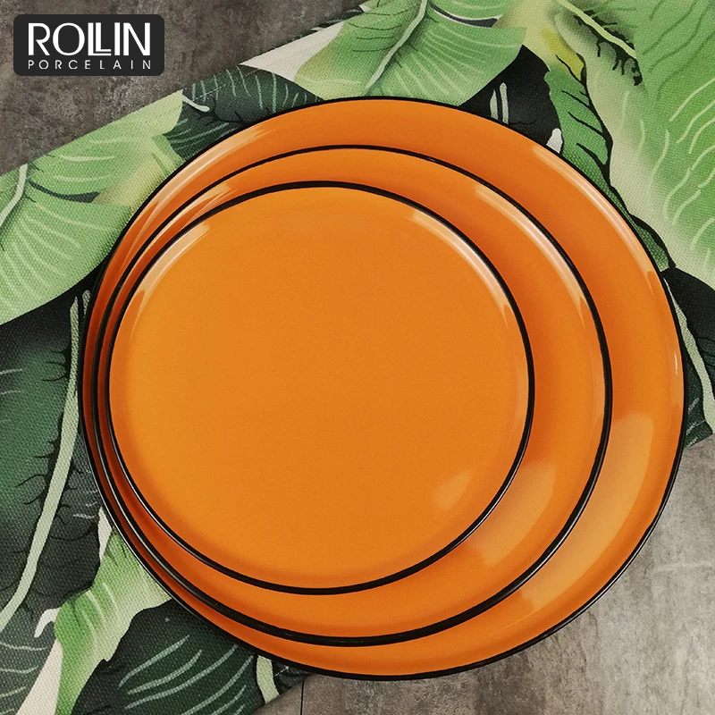 Тарелка на заказ, оранжевая фарфоровая круглая тарелка для десерта с черной каймой