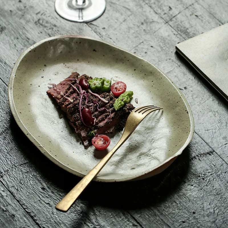 Stoneware Plates Irregular Creative Steak Plate Japanese Ceramic Western Food Dishes Retro Tableware for Hotel Restaurant Home