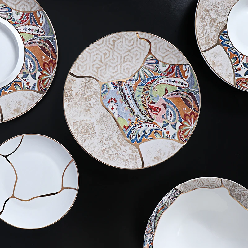 Китайские обеденные тарелки из костяного фарфора с золотой оправой, столовая посуда с золотыми наклейками, отель Гуанчжоу, Чаочжоу, поставщик керамики, тарелки из костяного фарфора