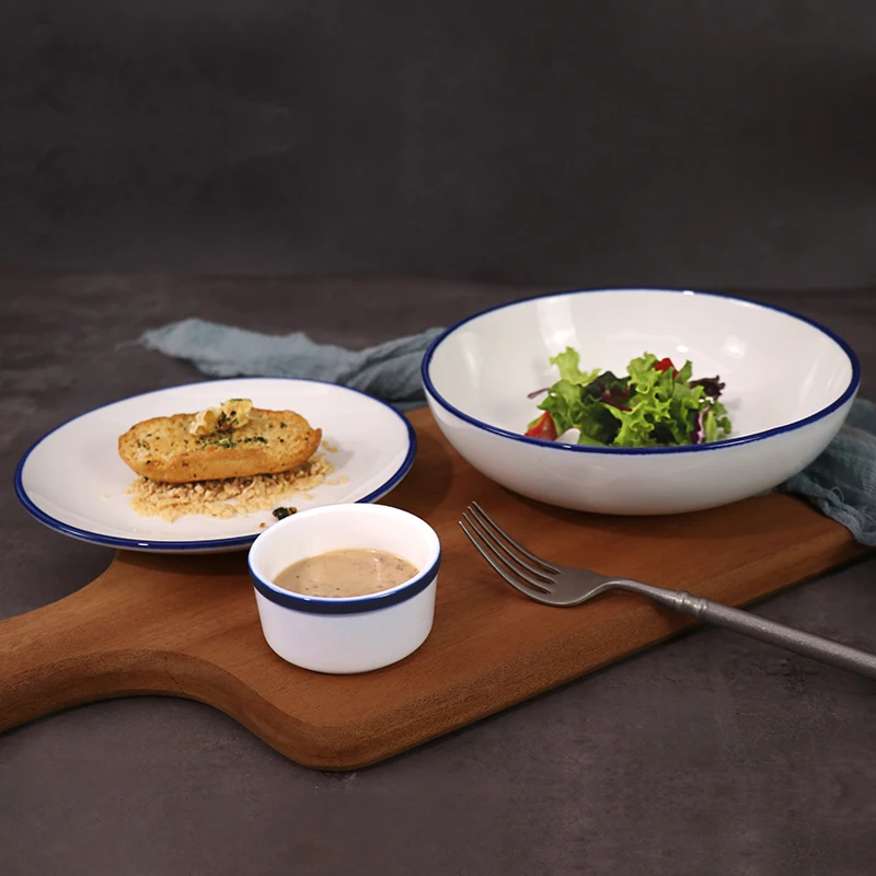 Посуда для ресторана и отеля, посуда с синей оправой, обеденный набор, керамический набор для ресторана, самолета, круизного лайнера, набор столовой посуды для ресторана