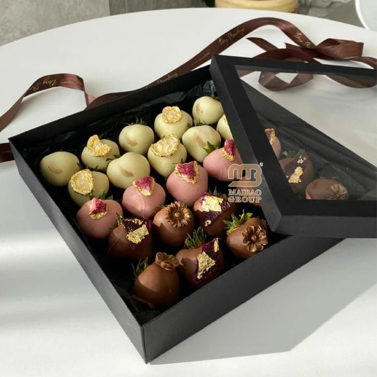 Оптовая продажа, роскошная упаковка для конфет с трюфелями премиум-класса, изготовленная на заказ белая, черная коробка для десерта с клубникой и шоколадом с прозрачной крышкой