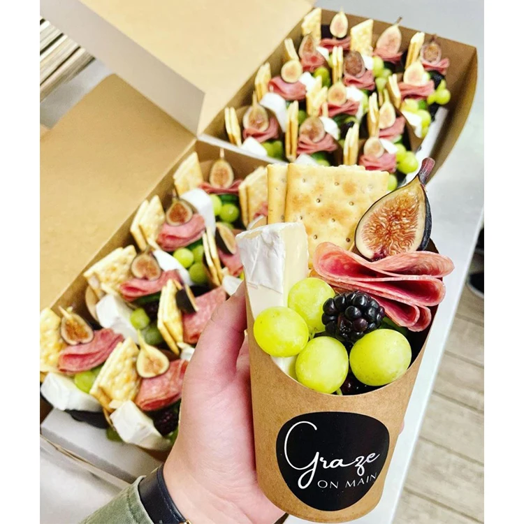 Печатный на заказ пищевой биоразлагаемый держатель для вафель из крафт-пузыря, одноразовые бумажные чашки на вынос, чашки для картофеля фри, чашка для мясных закусок