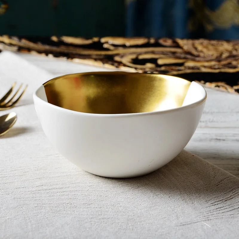 White Ceramic Gold Plated Biscuit Fruit Food Salad Bowl Popular Design Eco-Friendly Gift Idea