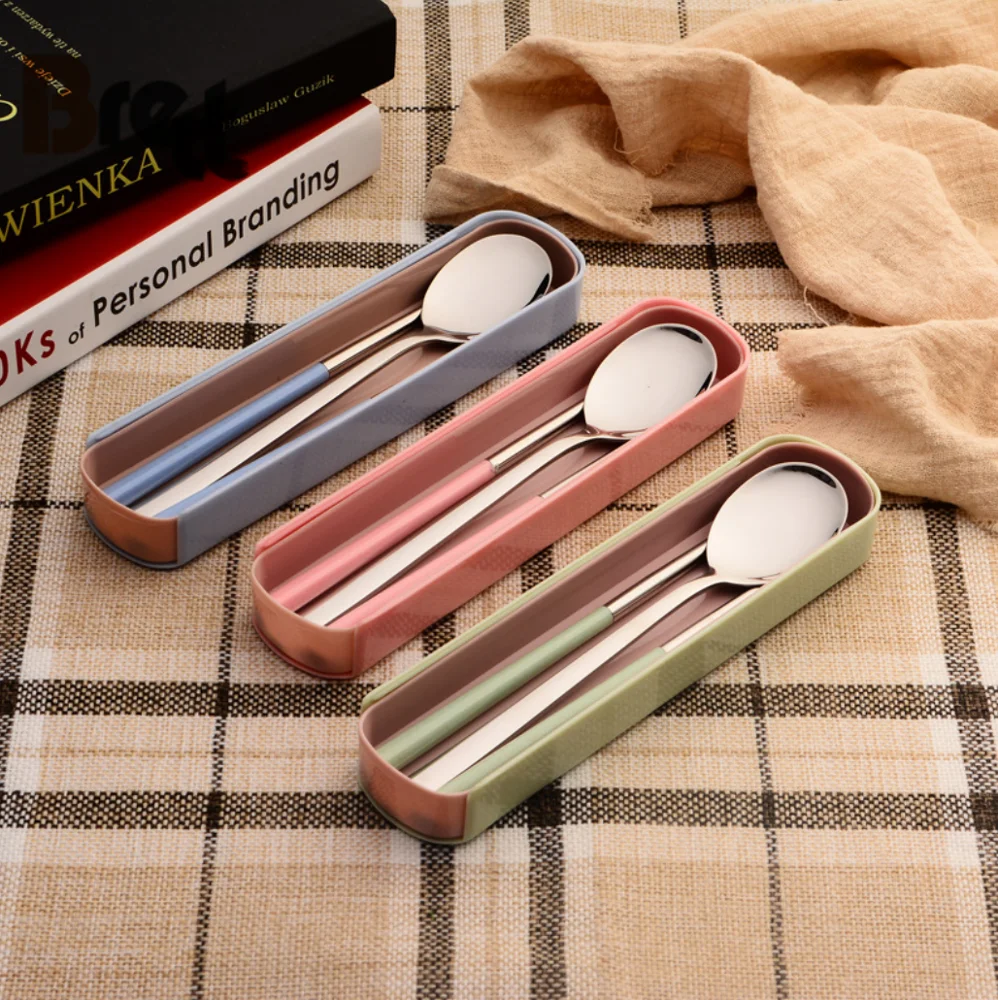 Подарочная ложка из нержавеющей стали 304, портативная посуда для студентов, креативный набор из двух пшеничных палочек для еды