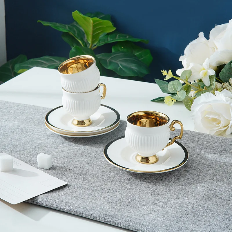 6 Cups Gold Plated Middle East Ceramic Cup and Saucer Cafe Afternoon Tea Creative Gift Coffee Arabian Coffee Cups