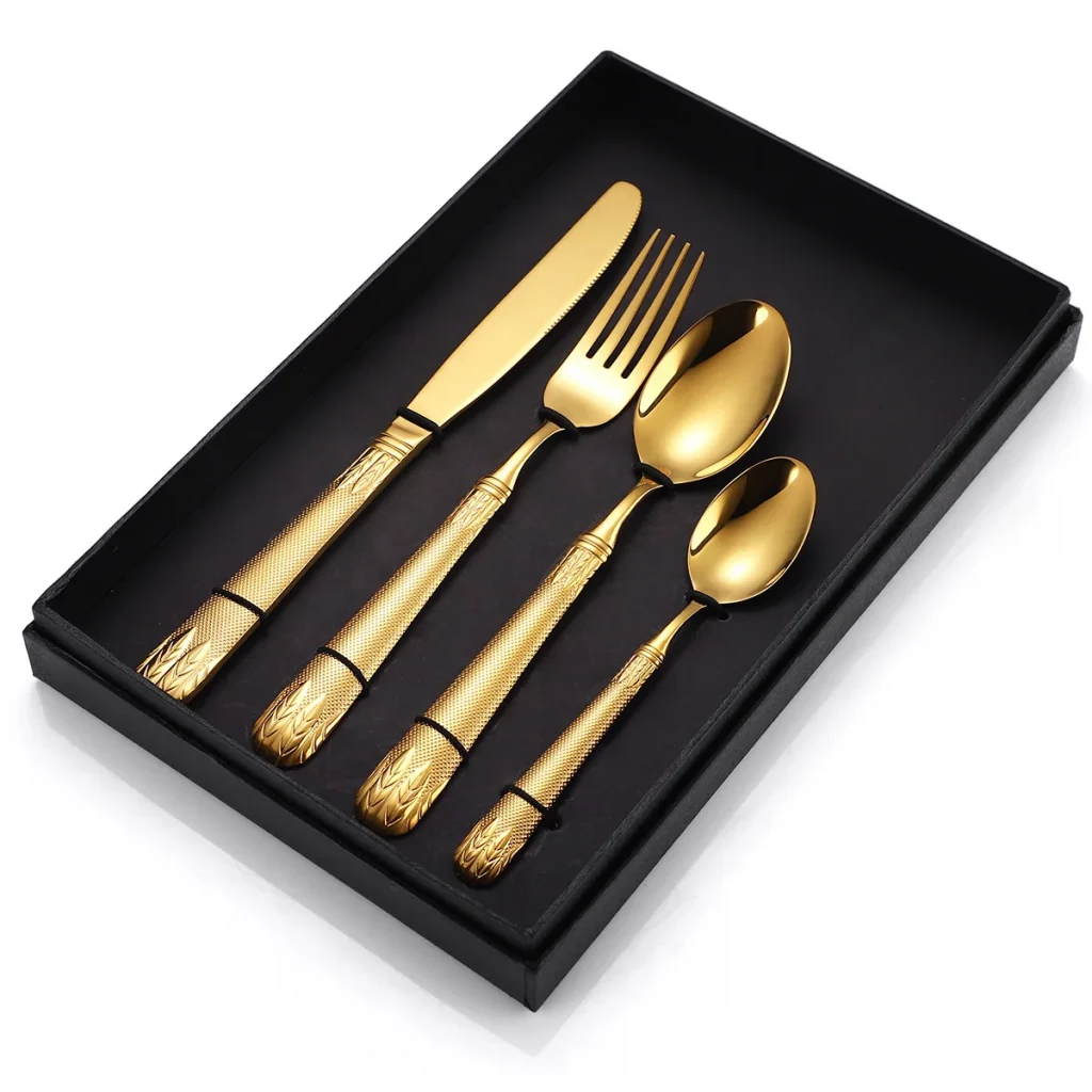 Новый золотой набор столовых приборов из нержавеющей стали с тисненой деревянной ручкой 304, нож, вилка, ложка, столовые приборы для свадьбы