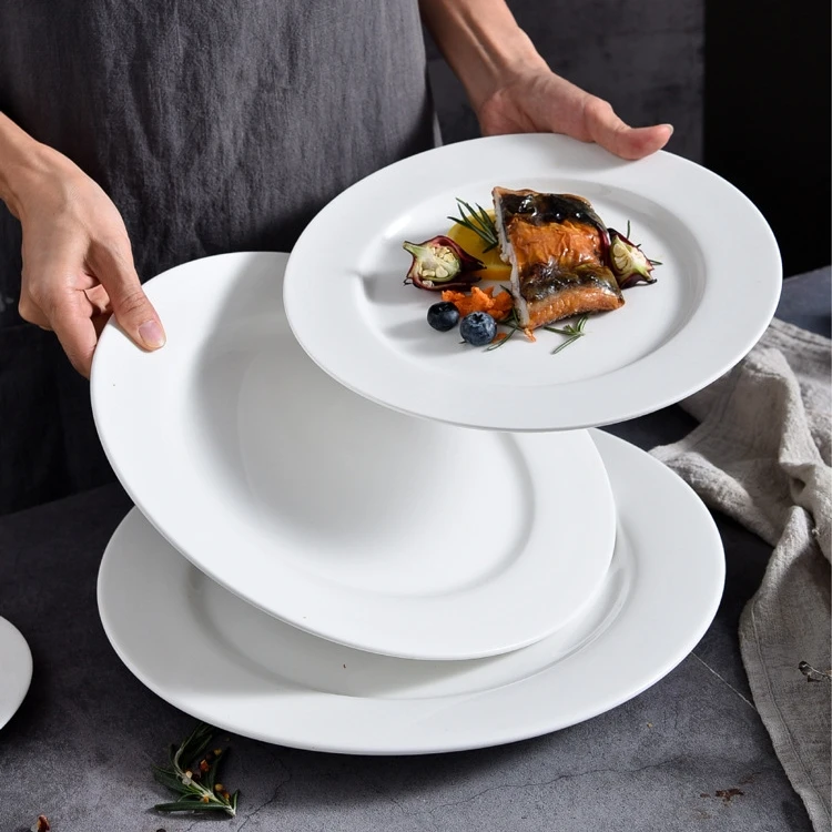 Bulk Cheap Price Flat Plat En Dishes 10.5 Inch Large Pure White Hotel Round Ceramic Porcelain Dinner Plates Set for Restaurant