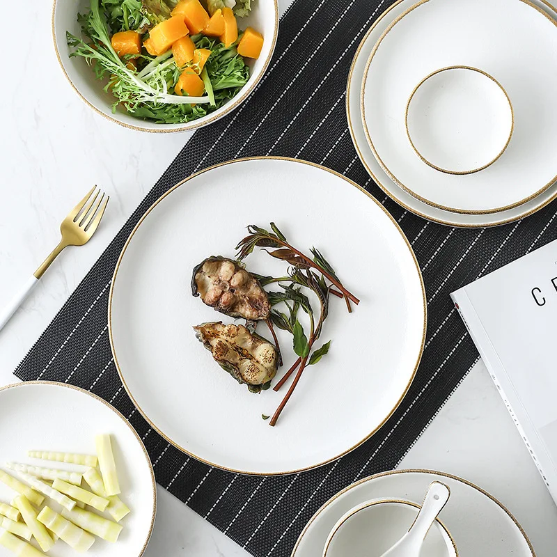 Скандинавская посуда Ins, креативная расписная золотисто-белая фарфоровая тарелка, керамическое блюдо в западном стиле, блюдо для стейка