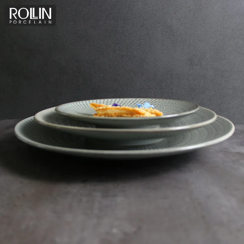 Керамические тарелки Посуда Посуда Круглая глубокая печь Серые фарфоровые боковые тарелки Обеденные тарелки для отелей и ресторанов