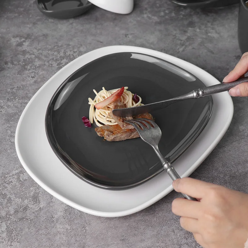 Оптовая продажа ресторанной тарелки, дешевая посуда, набор керамических тарелок, фарфоровая посуда, керамические серые нерегулярные тарелки