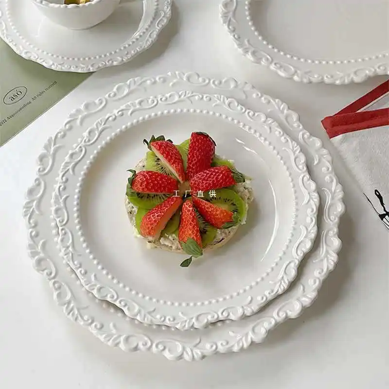 European Retro Palace White Lace Ceramic Soup Eco-Friendly Western Food Pasta Shape Super Relief for Hotel Party Wholesale