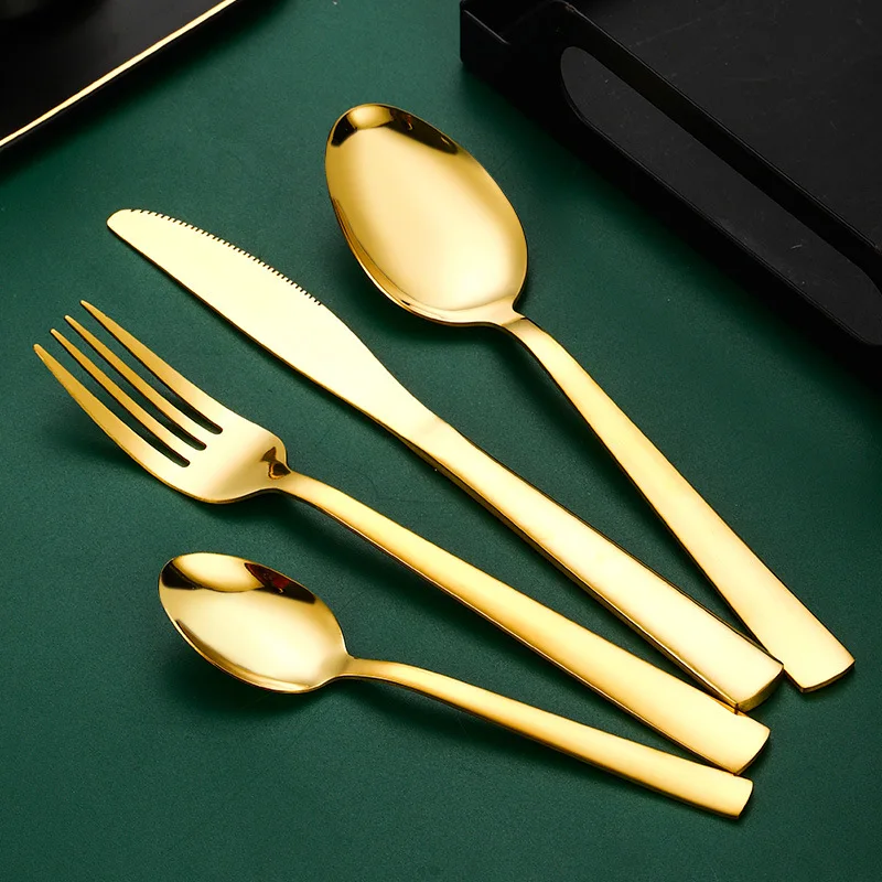 4-Piece Stainless Steel Square Handle Steak Knife Fork Coffee Spoon Set with Gold Finish for Parties Hotels Western Tableware