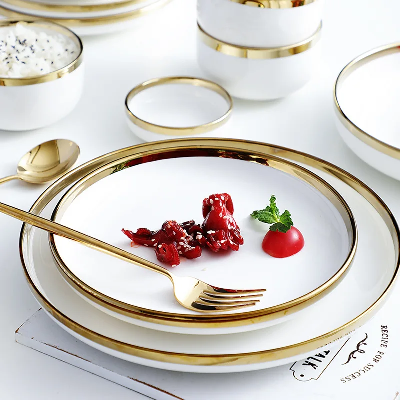 White Golden Rim Dinnerware Set Porcelain Luxury Rice Bowl Tableware Set White and Gold Plate Set Nordic Style Ceramic Modern