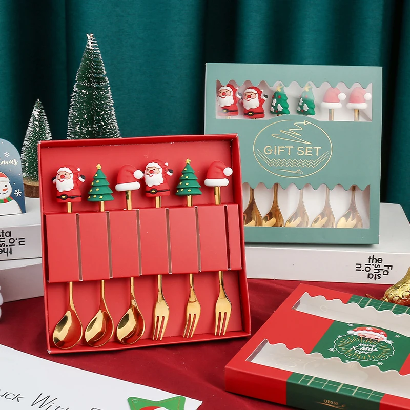 Christmas Cartoon Cute Design Metal Spoon and Fork Set Sustainable  for Coffee Travel Camping Restaurant Use