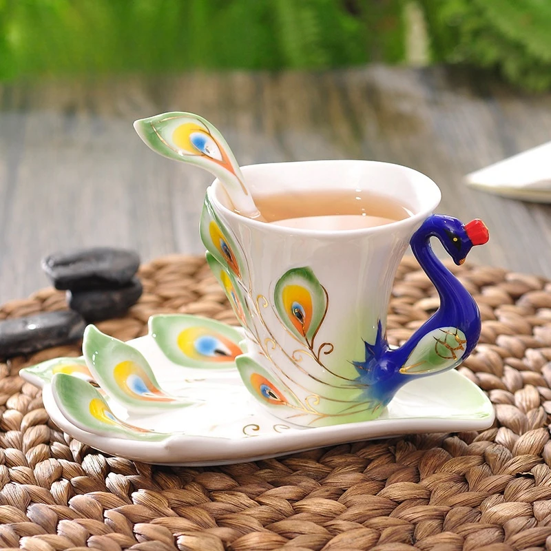 High Quality Relief Peacock Ceramic Tea Cup With Spoon Saucer Luxury Style Coffee Cup Porcelain Milk Cup Wholesale