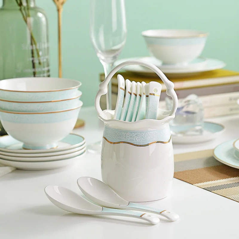 English Style Abstract Artistic Bone China Dinnerware Sets Kitchen Ceramics Bowls Dinner Plates