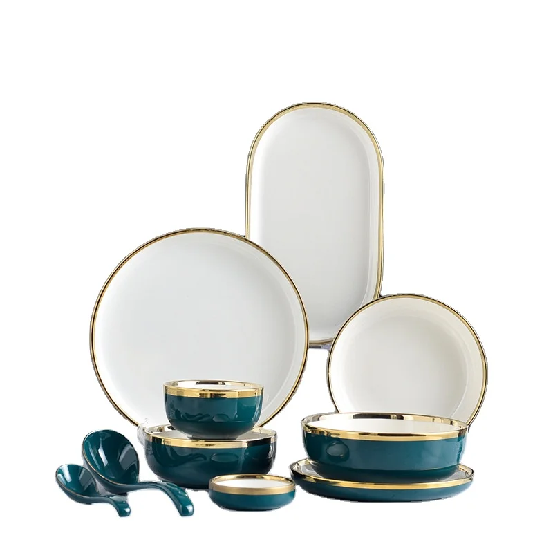 European White Green Gold Ceramic Tableware Light Luxury  Table Ware Dinner Set Crockery Ceramic Dinnerware Sets