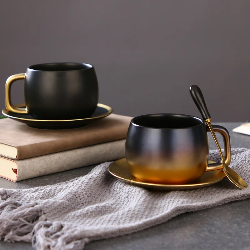 New Simple Creative Ceramic Cup and Saucer Light Luxury High Appearance Level Exquisite Black Gold Coffee Cup and Saucer Set