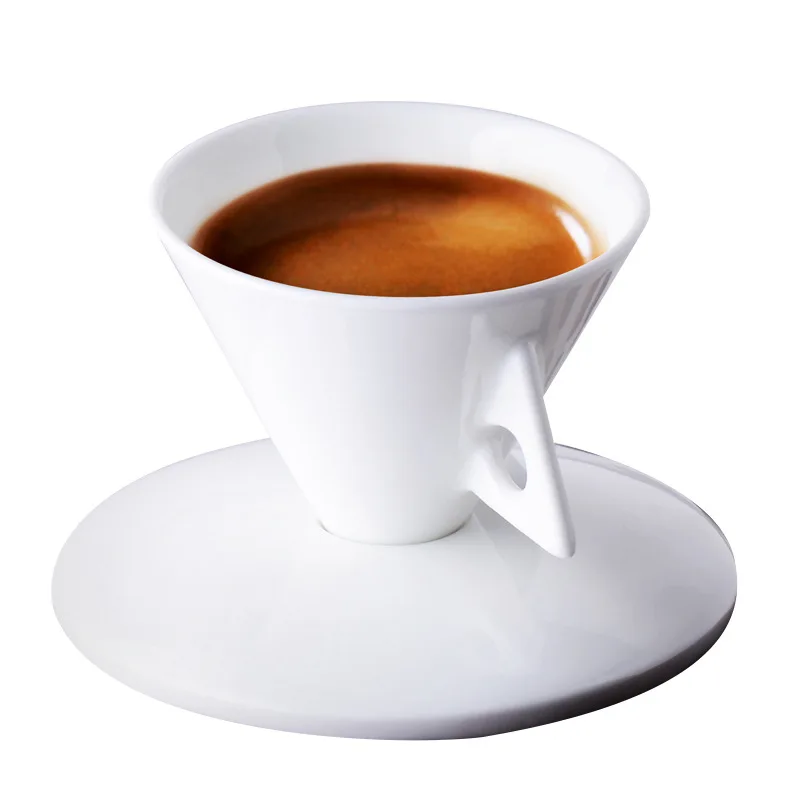 Unique Irregular Cone Shape Coffee Cup Set White Porcelain Espresso Cup With Saucer