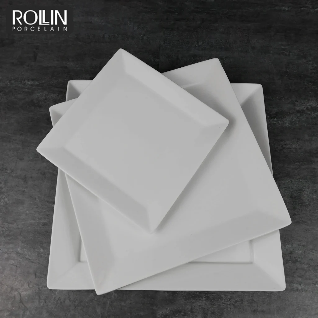 Ресторанная тарелка с логотипом под заказ, белые обеденные тарелки оптом, дешевая керамическая сервировочная квадратная тарелка, белые керамические тарелки