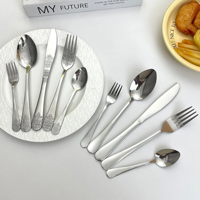 Набор ножей и вилок из серебра премиум-класса из нержавеющей стали 304. Элегантный дизайн для банкетных мероприятий.