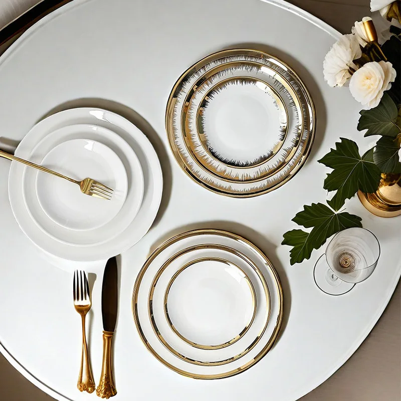 Home Creative Gold Classic Design Porcelain Dinnerware Set Flat Breakfast Plate for Restaurants Camping Ceramic Hot Sale