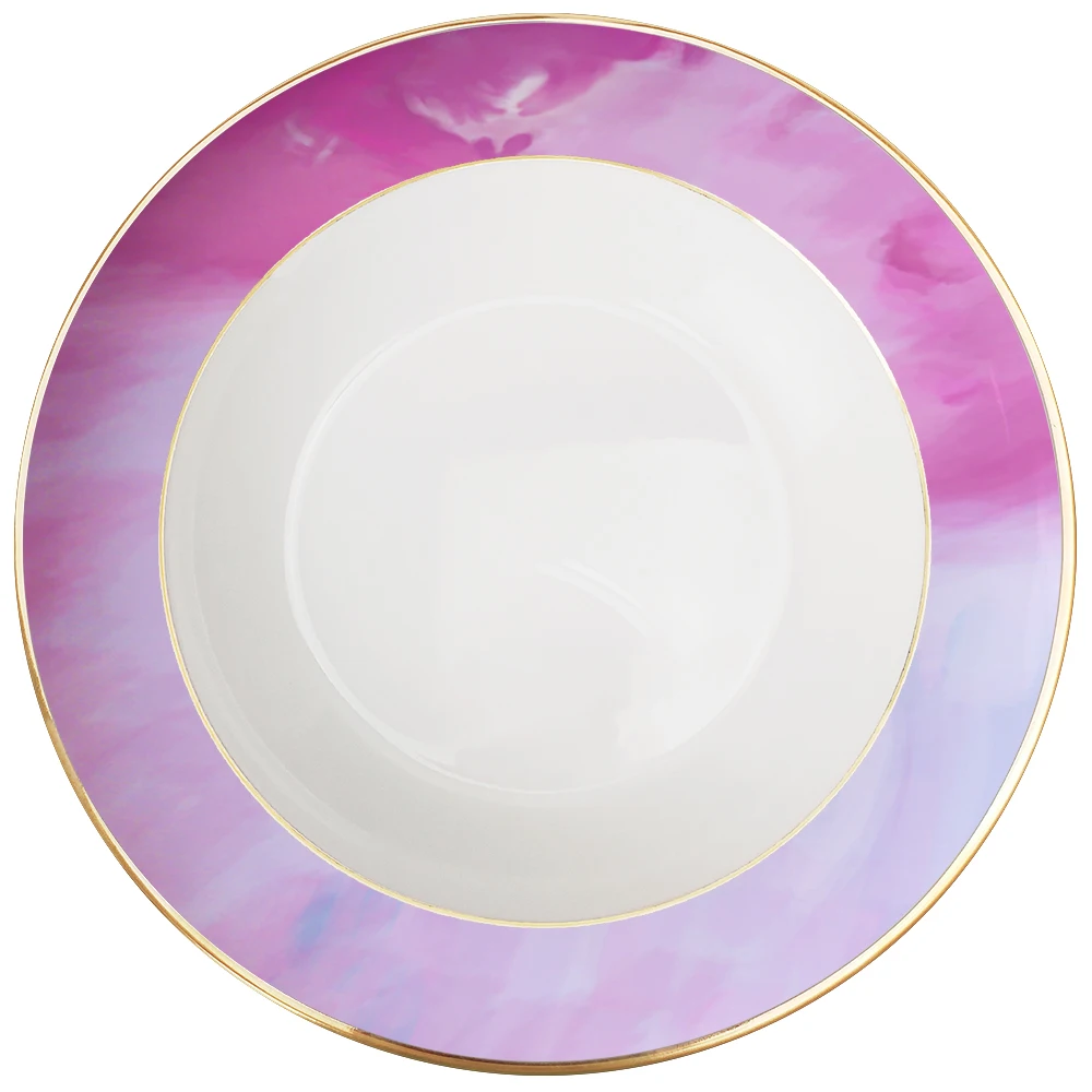 Оптовая продажа, розовый дизайн, 24 шт., тонкие костяные фарфоровые свадебные тарелки, керамический набор посуды с золотой оправой