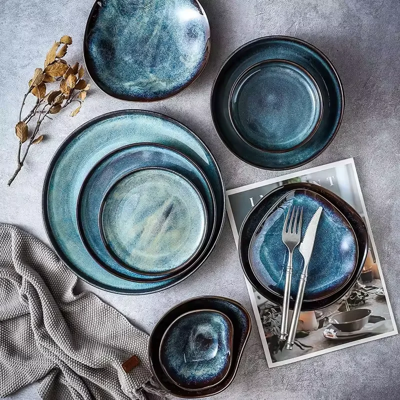 High Quality Wholesale Bowl Ceramic Bowls 2024 Restaurant Crockery Porcelain Plates Sets Dinnerware Stoneware Blue Dinner Set