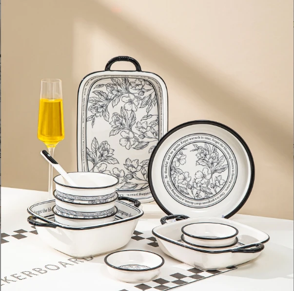 Wholesale Household Ceramic Tableware Set Soup Bowl and Dinnerware With Plant Pattern for Home Decor Housewarming Gifts